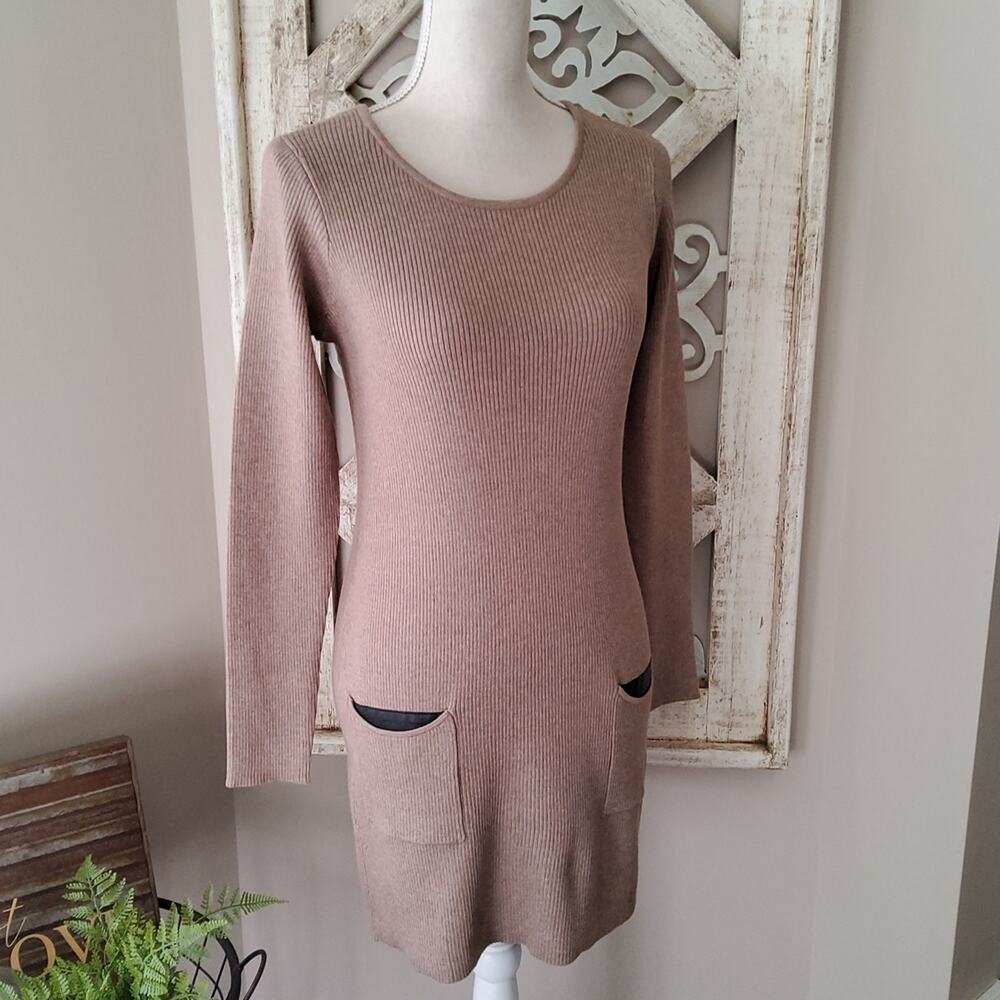 Alyx Women's Long Sleeve Ribbed Faux Leather Trim Sweater Knit Tunic in Beige